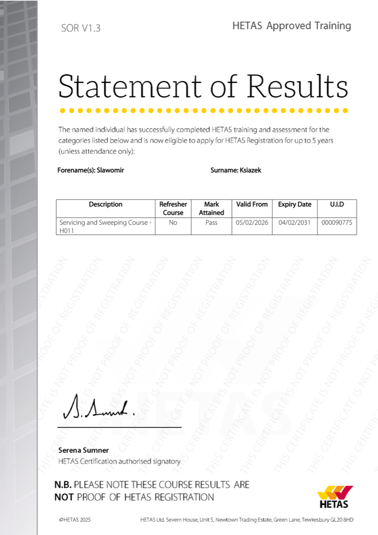 HETAS Statement of Results document